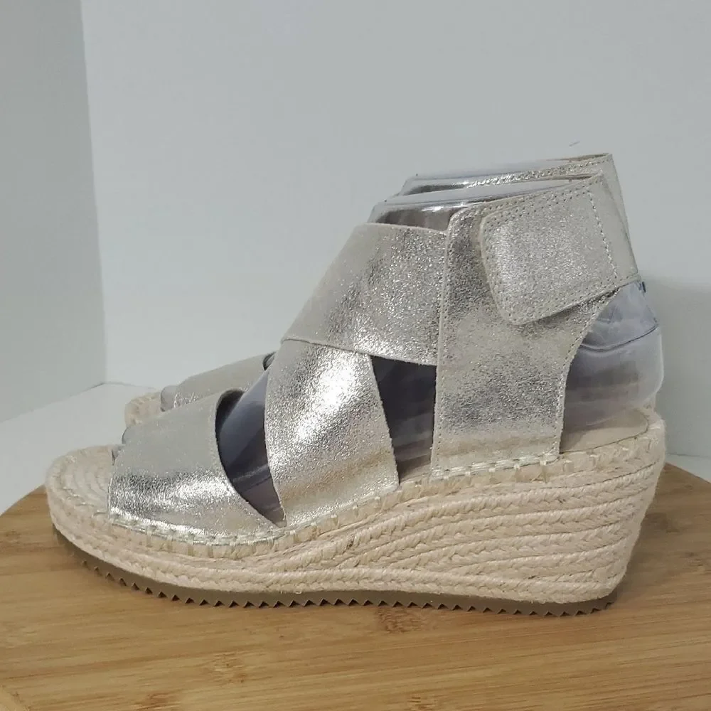 Eileen Fisher Willow Metallic Gold Platform Wedge Espadrille Sandals Women's 7